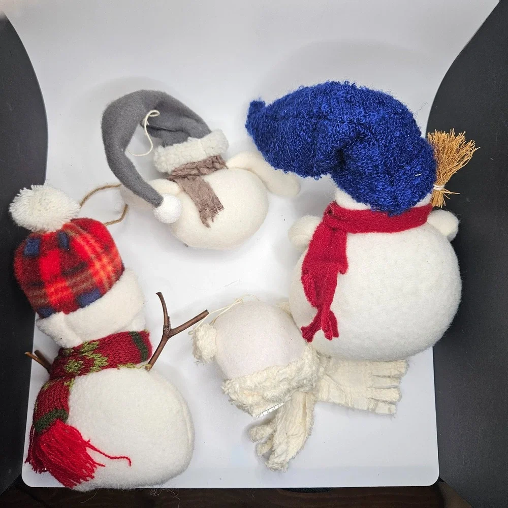 Lot of 4 Plush Snowman Christmas Ornaments Felt Fabric Handmade Style Rustic‎